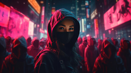 Fototapeta na wymiar Woman ninja with black hoodie in the Tokyo downtown