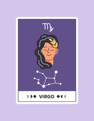 Horoscope card with Virgo concept. Astrological zodiac sign with virgin. Astrology and esoterics. Prediction of fortune. Cartoon flat vector illustration isolated on violet background