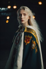 Medieval queen blonde in royal cloak