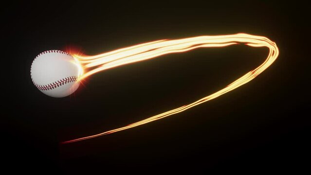 A baseball sport ball swooping in an arc shape through the air with a flowing travelling trail of glowing wispy lights on an isolated black background with alpha channel