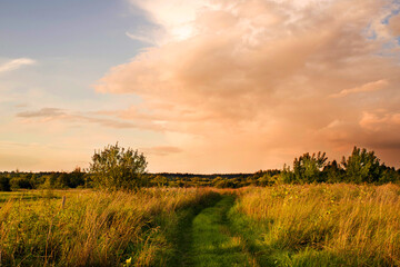 Summer evening landscape with a bright cloudy sunset sky and a country road in a field
