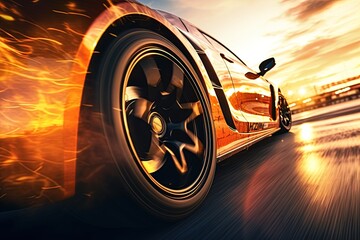 Sports car speeding on the racing track. Closeup shot. Generative Ai