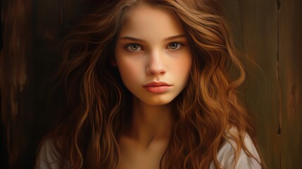 Naklejka premium Ginger Girl With Long Hairstyle Next To The Old Wall