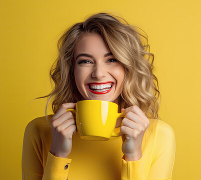mujer rubia con media melena ondulada sonriendo mirando a camara,  tomando un cafe conteniendo entre sus manos una taza amarilla, sobre fondo de estudio amarillo con espacio vacio para publicidad