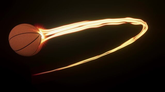 A basketball sport ball swooping in an arc shape through the air with a flowing travelling trail of glowing wispy lights on an isolated black background with alpha channel