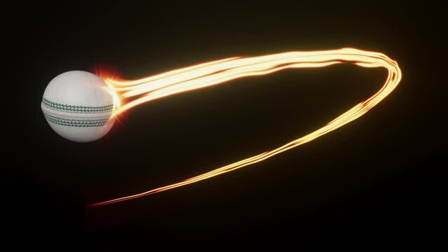 A white cricket sport ball swooping in an arc shape through the air with a flowing travelling trail of glowing wispy lights on an isolated black background with alpha channel