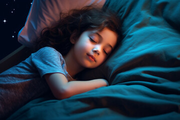 A Little Girl Sleeping In Her Bed At Night