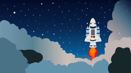 Rocket launch to the Space. Cute space background with stars, rocket, clouds, smoke. Vector Illustration. World space week.