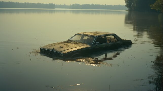 Old wreckage of an automobile partially submerged in a lake, rusty broken and heavily corroded car wreck, abandoned accident crashed vehicle. 