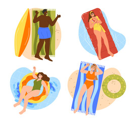 People sunbathing top view set. Men and women at rubber rings and mattresses. Tropical and exotic countries leisure outdoor. Cartoon flat vector collection isolated on white background