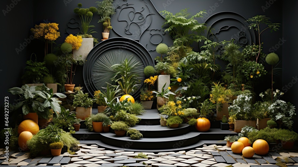 Poster geometrically patterned garden, with carefully arranged elements against open spaces