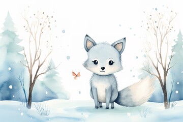 watercolor cute retro winter polar fox