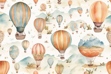 watercolor cute soft neutral hot air balloons pattern for kids