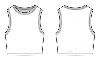 Crop Sweater Vest technical fashion illustration. Sweater Vest fashion flat technical drawing template. round neckline. front and back view. Cropped. unisex. white color. CAD mockup set.