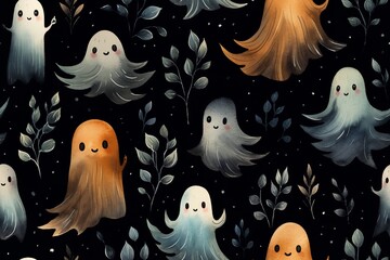 watercolor cute vintage ghosts, dark black background