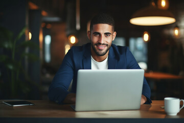 A Happy Businessman Looking At Camera While Working On His Computer