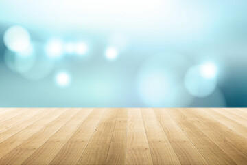 Wooden table top on soft blur bokeh wall, product display template, high quality photo