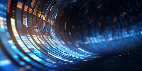 Futuristic vortex tunnel of streaming data and video flux blue background