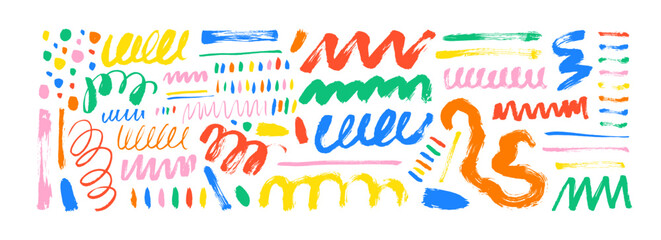 Wavy and swirled colorful brush strokes. Vector scribbled geometric scrawls, squiggle lines, messy dots.