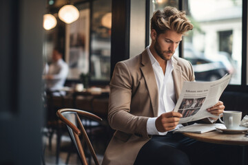 A handsome young man reading a newspaper while enjoying a cup of coffee at a cafe - cropped - obrazy, fototapety, plakaty