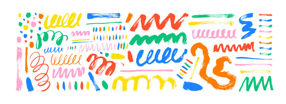 Wavy and swirled colorful brush strokes. Vector scribbled geometric scrawls, squiggle lines, messy dots.