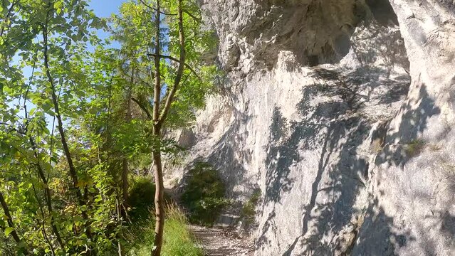 Amazing Zbojnicky chodnik hiking trail from Tiesnavy in Vratna dolina valley to Male noclahy signpost in Mala Fatra mountains in Slovakia