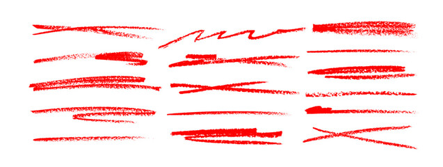 Grunge red strike through and underline elements. Set of hand drawn red pencil lines and strokes.
