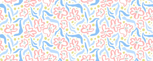 Seamless banner design with abstract colorful flowers. Brush drawn spring chamomile or peony flowers.
