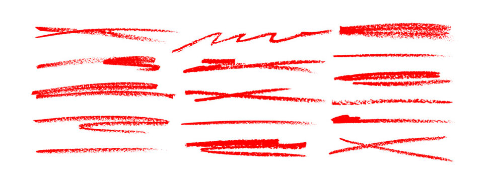 Grunge red strike through and underline elements. Set of hand drawn red pencil lines and strokes.