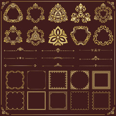 Vintage brown and golden set of vector horizontal, square and round elements. Elements for backgrounds and frames. Classic patterns. Set of vintage patterns