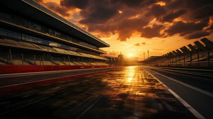 Poster Big race track backdrop. Outdoor Race Track Arena place, nobody. Empty Racing track with grandstands. © dinastya