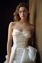 Pretty girl in white wedding dress poses beautifully in an abandoned place