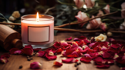 Natural scented soy candle surrounded by floral rose petals. Creative wallpaper for handmade decorative candles workshop for home. 