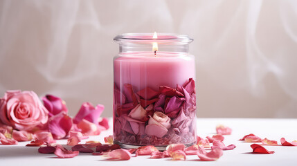 Natural scented soy candle surrounded by floral rose petals. Creative wallpaper for handmade decorative candles workshop for home. 