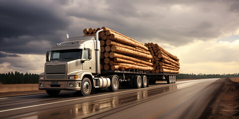 Lumber from felled trees on truck in country industry concept
