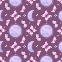 Watercolor seamless pattern with butterflies and moon.