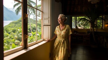 Grandmother in a yellow dress stands at a window overlooking the rainforest