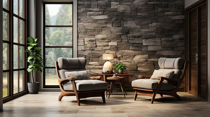 Modern Living Room with Striped Table and Classic Armchair