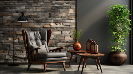 Modern Living Room with Striped Table and Classic Armchair
