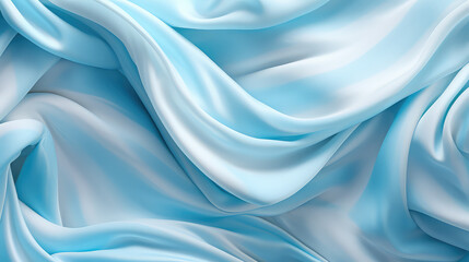 Obraz premium Texture of delicate fine fabric with waves and soft folds in pastel blue white color, top view of wallpaper with cream fabric. 