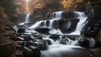 Majestic Cascade: Capturing the Timeless Beauty of a Cascading Waterfall in a Mesmerizing Long Exposure Shot