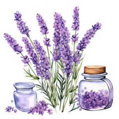 lavender flowers and a glass jar, watercolor, generative AI