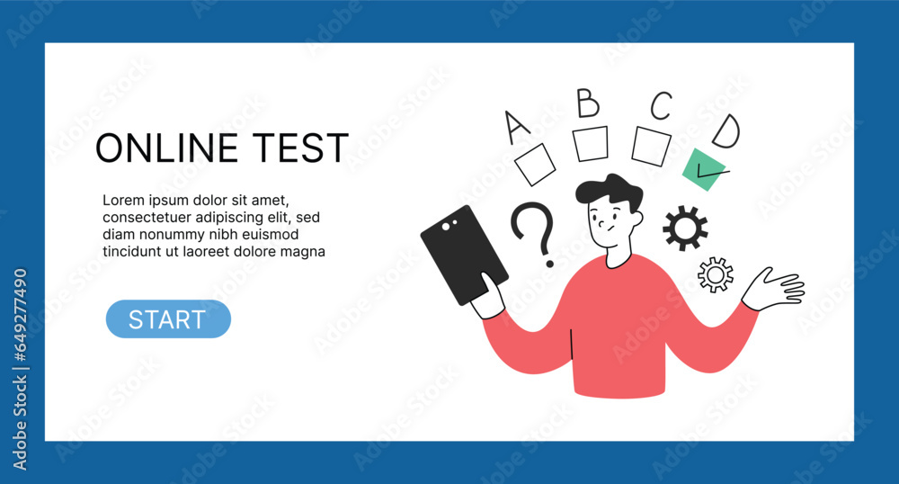 Poster online test banner, start testing button, internet exam ui layout page, web page with vector illustr