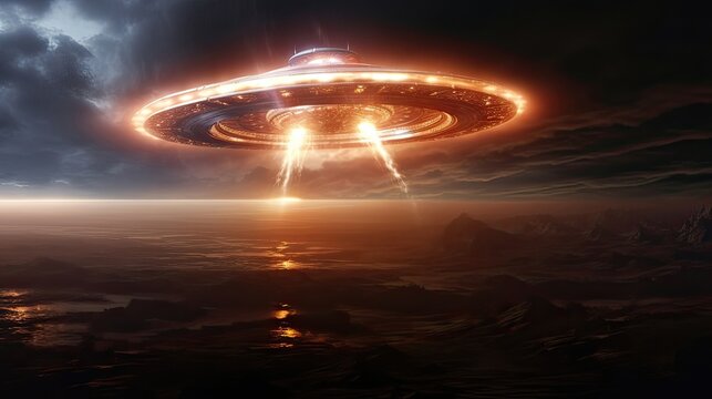 Extraterrestrial arrival, cosmic travelers, atmospheric descent, advanced technology, close encounter, interstellar voyage, otherworldly entry. Generated by AI.