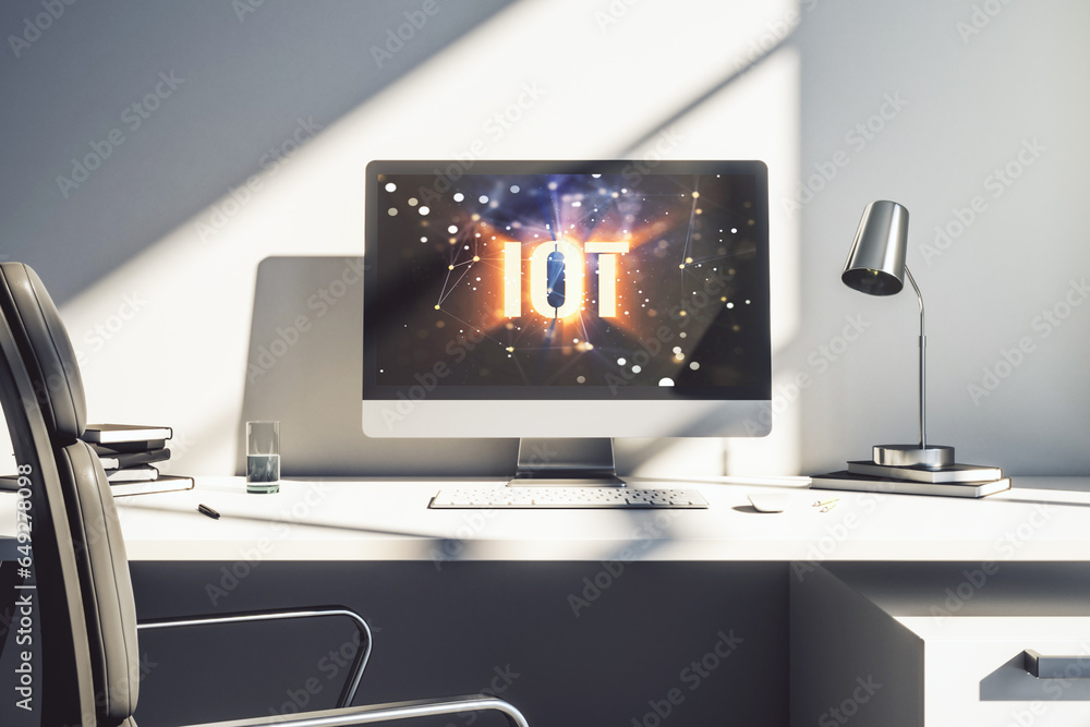 Poster Creative IOT concept on modern laptop screen. 3D Rendering