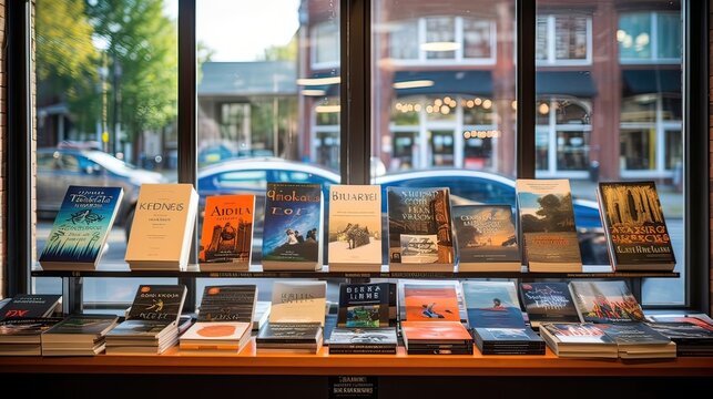 Literary spotlight, reading excitement, must-read titles, fresh arrivals, book lover's attraction, literary anticipation, window of literary treasures. Generated by AI.