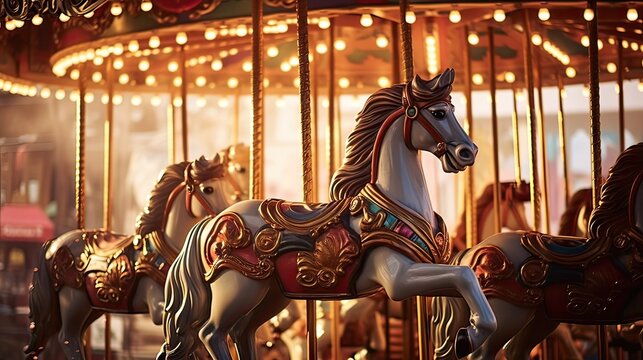 Whimsical ride, nostalgic charm, enchanting equines, carousel magic, rhythmic carousel, amusement park delight, carousel enchantment. Generated by AI.