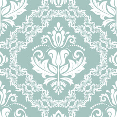 Seamless vector pattern. Modern geometric ornament with royal lilies. Classic light blue and white background