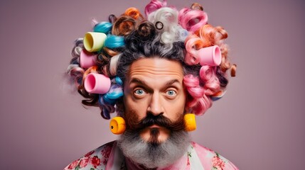 Gray-haired man with long beard, colorful curlers in his hair