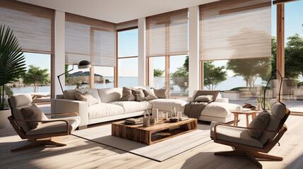Modern Living Room with Solar Shades and Palm Trees